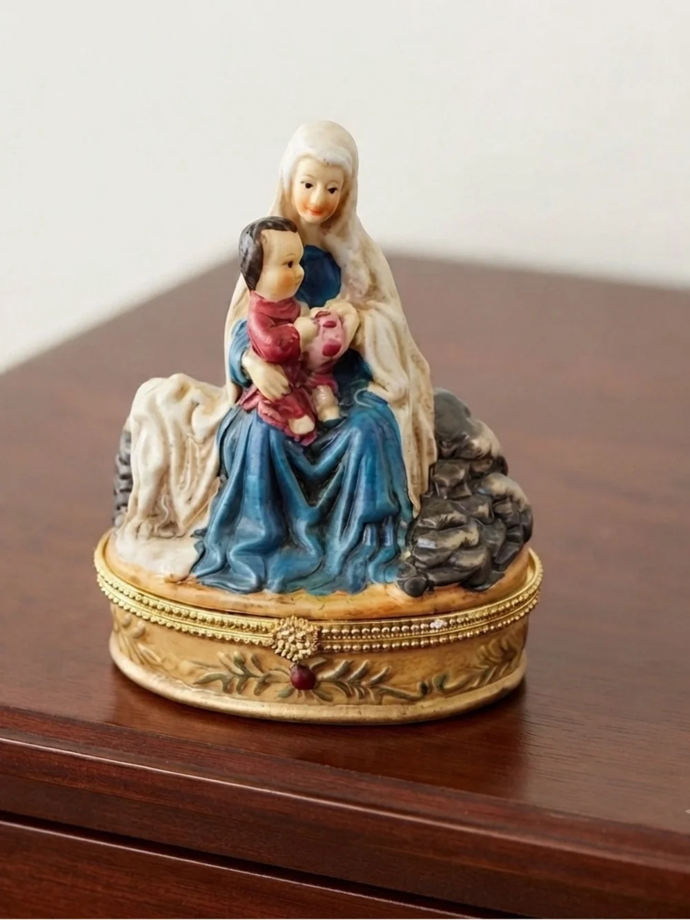 Rare Vintage Mary and Christ Child Trinket Box .Prayer Line Colorful Ceramic